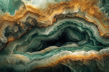 Aufkleber - A mesmerizing image of a geode's interior, showcasing layers of teal, gold, and brown crystals forming a cavernous structure.