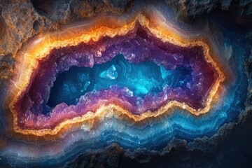 Aufkleber - Vibrant geode reveals mesmerizing layers of amethyst, blue quartz, and orange calcite crystals.