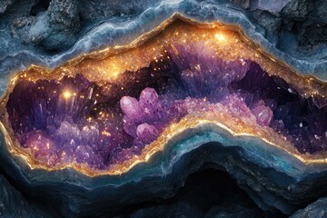 Poster - A mesmerizing geode reveals vibrant purple amethyst crystals, sparkling gold accents, and a mystical glow.