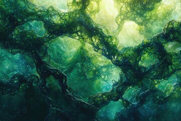 Aufkleber - Intricate underwater kelp forest, vibrant greens and blues, sunlight filtering through, creating a magical, ethereal scene.