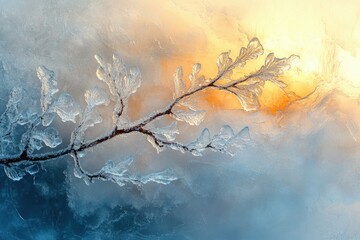 Poster - Frozen branch artfully displays ice crystals against a warm, hazy sunset backdrop.