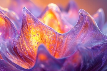 Poster - Abstract artwork depicting a vibrant, translucent, bioluminescent organism with flowing, wave-like structures in purple and orange hues.