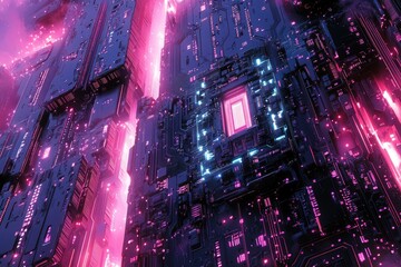 Fototapete - A futuristic cyberpunk cityscape rendered as a giant circuit board, glowing with pink and blue neon lights.