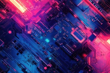 Leinwandbilder - Abstract digital art depicting a vibrant, neon-lit circuit board, showcasing intricate technological details.