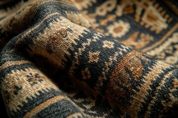 Aufkleber - Close-up view of a richly textured rug with intricate, earthy-toned patterns and detailed weaving.