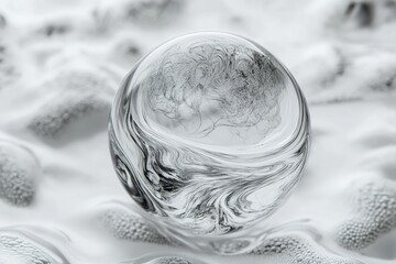 Poster - A grayscale sphere with swirling ink patterns rests on a textured surface.