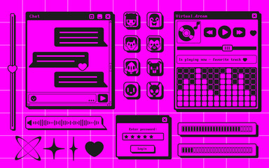 Wall Mural - retro user interface screens - music player, chat window template, login form and avatars. neon pink