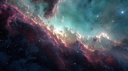 cosmic clouds swirl in a mesmerizing display of teal, pink, and purple hues, speckled with distant s
