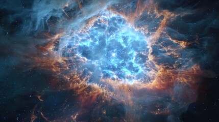 a mesmerizing cosmic nebula, swirling with vibrant blues and fiery oranges, creates a breathtaking c