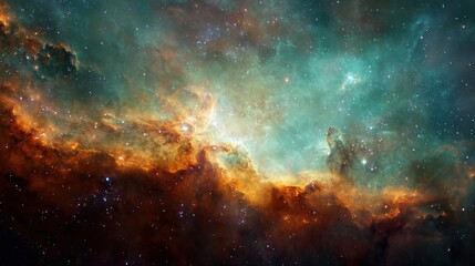 cosmic clouds of teal and burnt orange swirl in a breathtaking nebula. a celestial masterpiece.