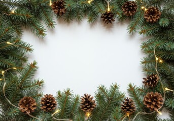 Wall Mural - Festive christmas frame with pine cones, fir branches, and string lights on a white surface for holiday cheer