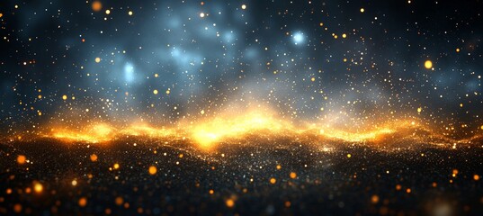 Wall Mural - abstract golden sparkles and glittering particles on dark blurry background. magic event background.