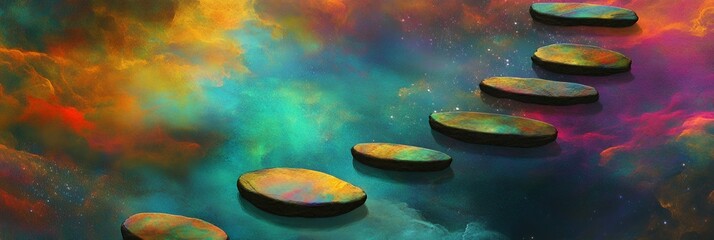 Wall Mural - Stepping stones across a colorful nebula with a path leading through a vibrant cosmic landscape