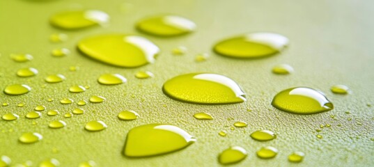 Wall Mural - Water drops, beads of water on a green metallic surface showing the hydrophobic effect