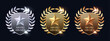 © Jer - Gold, Silver, Bronze Award Badges with Laurel Wreath and 3D Star – Premium Vector Shield Icons Set