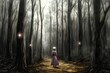 © Lesli - Lonely girl standing on a glowing forest path surrounded by dark trees and mysterious lights