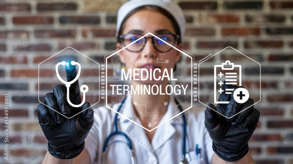 Female doctor interacts with medical terminology interface. Stock ...