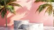 © ShahinAlam - A 4K photo of 3d podium with copy space for product display presentation on palm beach abstract background. Tropical summer and vacation concept.