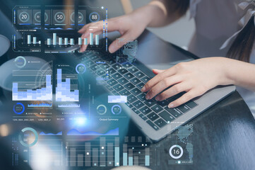 Woman sitting in cafe using computer laptop analyse business data charts working with virtual data charts, Devops software developer operation work with agile programer development