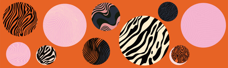 Fototapete - Abstract vector circles with wavy and zebra-like line patterns in bold colors, arranged on an orange background, creating a playful and modern geometric composition.