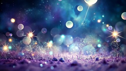 Wall Mural - Sparkling Purple Meadow Under a Magical Night Sky with Floating Moons and Stars