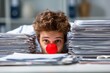 © Marcos Kulenkampff - A man with a red clown nose peeks over a large stack of papers in an office setting.