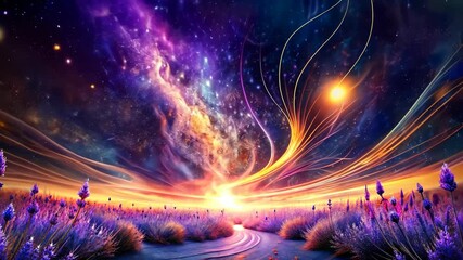 Wall Mural - Lavender Field Under a Vibrant Cosmic Sky with Flowing Nebulae and Stars