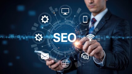 Businessman highlighting seo concepts in a digital interface.