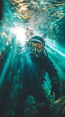 Wall Mural - a diver explores underwater wonders. sunlight beams pierce through the ocean water creating a mesmer