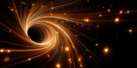 Wall Mural - abstract golden light swirls create dynamic vortex effect with glowing particles on dark background,