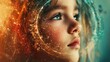 © Igor - Celestial prophet child close-up with planetary rings orbiting their head, cosmic elegance.
