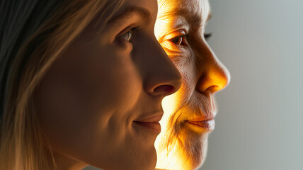 Poster - This Two profiles showcase the contrast between youth and aging, highlighting longevity research topics.