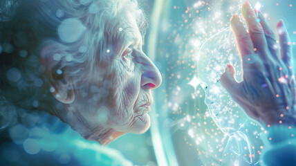 Leinwandbilder - This elderly woman engages with a digital representation of longevity research and therapies.