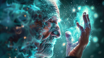 Aufkleber - This elderly figure engages with a luminous representation of cellular rejuvenation technology.