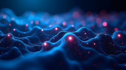 Wall Mural - abstract blue wave patterns illuminated with glowing pink dots create a mesmerizing digital landscap