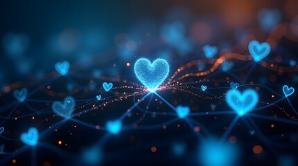 Wall Mural - a glowing blue heart surrounded by interconnected lines and smaller hearts, symbolizing love and con