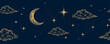 © Alina - Starry night sky horizontal seamless pattern background. Bright golden moon, stars and clouds wallpaper. Horizontal Space backdrop. Dark Sky with shiny stars. Vector Illustration.