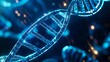 © AucArtStudio - DNA double helix illuminated in blue light against a blurred background. Biotechnology gene editing.