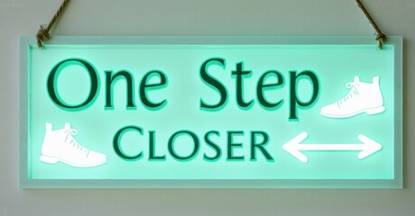 Fototapete - Bright turquoise sign displays text, shoes, arrows. Message promotes progress, closeness, positive direction. Simple design, hanging ropes visible.