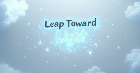Aufkleber - Sky background features text reading Leap Toward Light. Clouds, sparkles create dreamy, hopeful atmosphere. Soft blue hues dominate image.