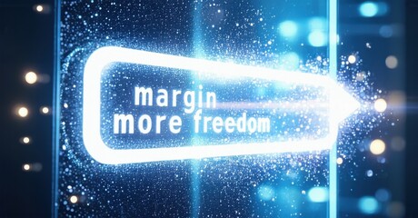 Fototapete - Bright blue image displays glowing arrow shape. Text reads margin more freedom. Futuristic, digital aesthetic present.