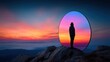 © chusnul - Person standing on a mountain peak at sunset, gazing into a colorful portal reflecting the sky