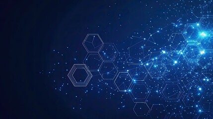 Futuristic network with hexagon shapes and connected glowing dots shows data flow on dark blue