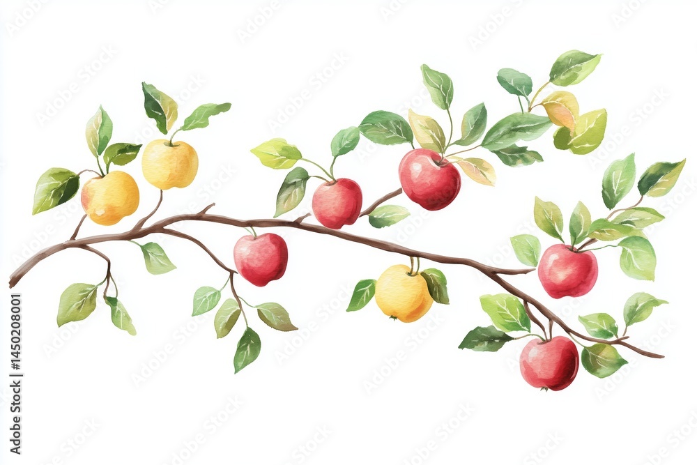 Illustration of a watercolor apple tree branch with fruits, isolated on ...