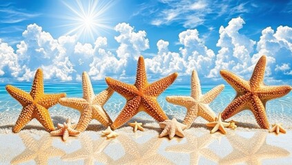 starfish on a sunny beach scene. five starfish stand in a row on a sandy beach, with a calm, clear o