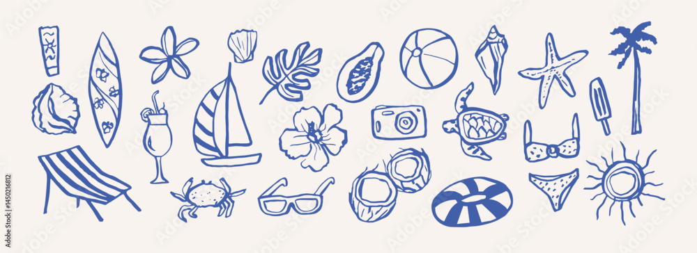 Hand drawn doodle summer vacation elements Stock Vector | Adobe Stock
