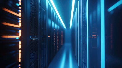 Poster - Bright server aisle with glowing orange and blue light strips along cabinets, great for IT infrastructure, digital data management, and networking designs