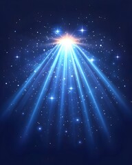 Wall Mural - Celestial light beams radiate from a bright core, dispersing into glittering particles across a dark blue backdrop