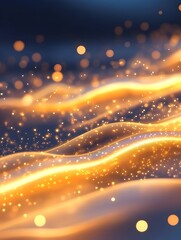 Wall Mural - Golden energy waves shimmer, glowing particles drift across a dark blue background