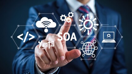 Businessperson interacting with digital interface icons.